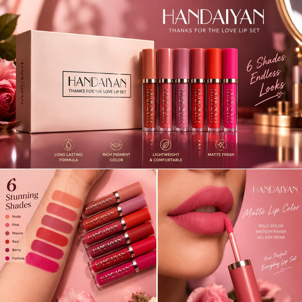 HANDAYAN 6-Shade Matte Liquid Lipstick Set – Long-Lasting & Highly Pigmented