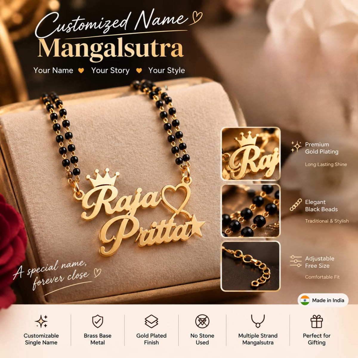 Personalized Name Mangalsutra – Custom Name Pendant with Black Beaded Chain