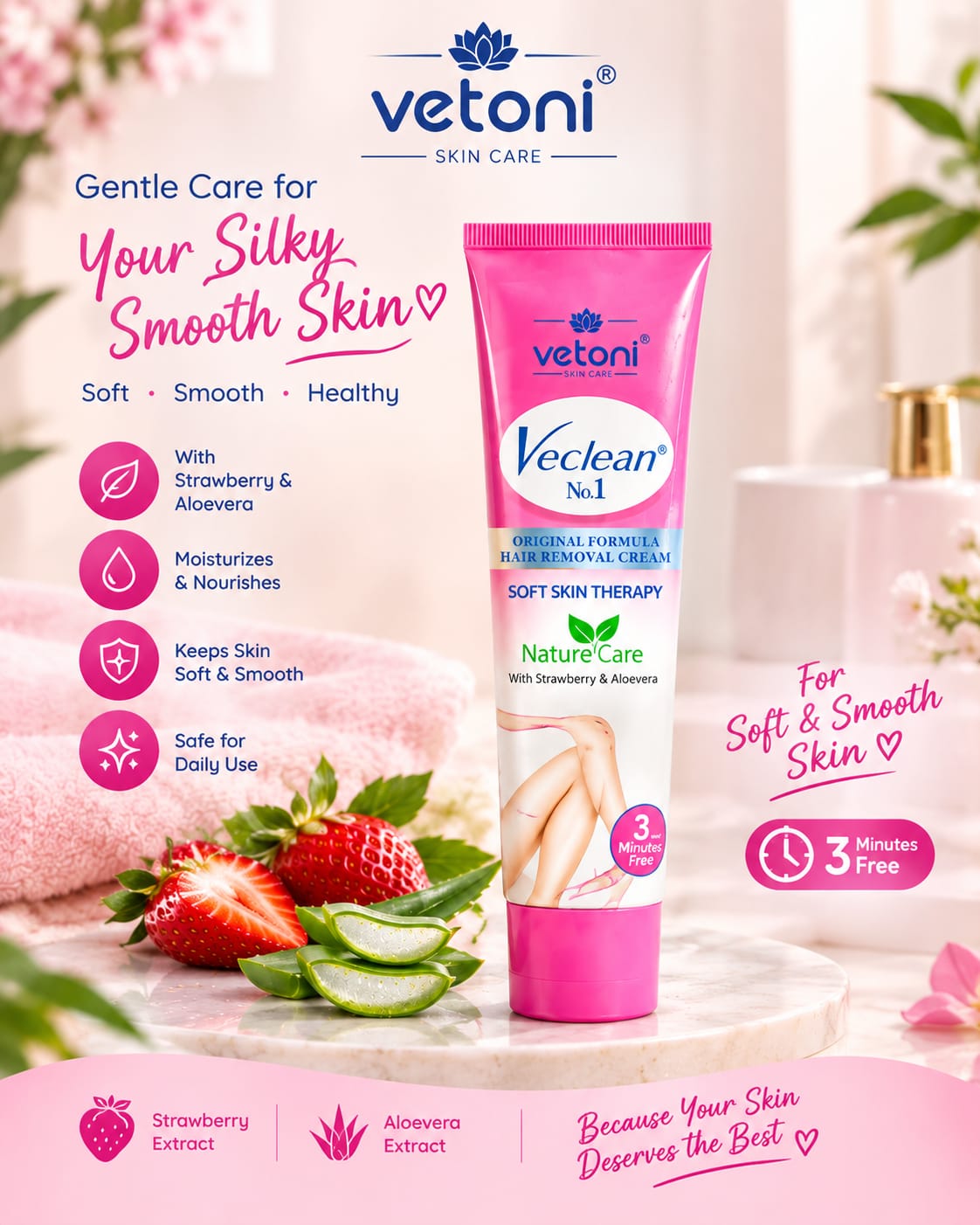 Vetoni Veclean No.1 Hair Removal Cream – Strawberry Freshness | Pack of 3 (40g Each)