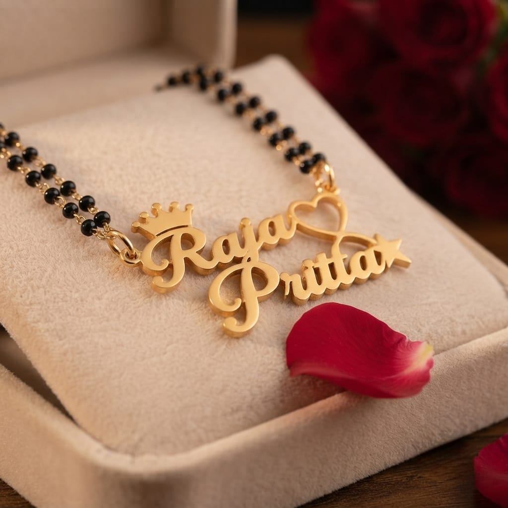 Personalized Name Mangalsutra – Custom Name Pendant with Black Beaded Chain