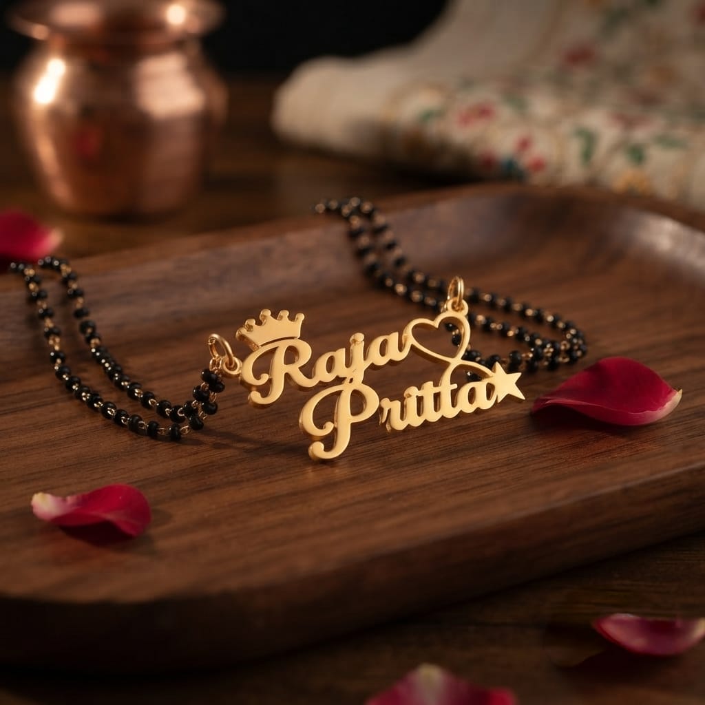 Personalized Name Mangalsutra – Custom Name Pendant with Black Beaded Chain
